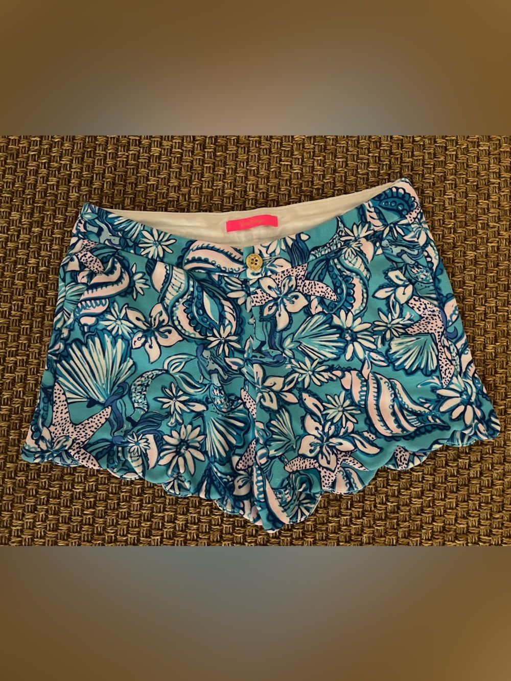 Lilly Pulitzer Turquoise Blue Floral Scallop Hem High-Waist Shorts